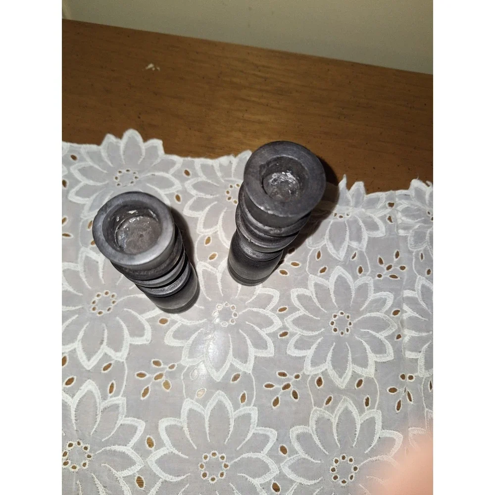 Vintage Turned Wood Candlestick Holders Pair Ebony Black Spindle Taper Set
